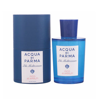 Frasco de perfume ‘ACQUA DI PARMA Blu Mediterraneo FICO di AMALFI’ azul ao lado da embalagem cilíndrica.