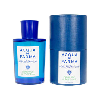 Frasco de perfume ‘ACQUA DI PARMA Blu Mediterraneo CIPRESSO di TOSCANA’ azul ao lado da embalagem cilíndrica.