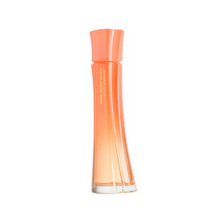 Frasco de perfume ‘EAU DE TOILETTE SPRAY VAPORISATEUR’ com líquido laranja e tampa cilíndrica, em um fundo branco.