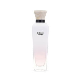 Frasco de perfume ‘JAZMIN TONKA’ com tampa de madeira em um fundo branco.