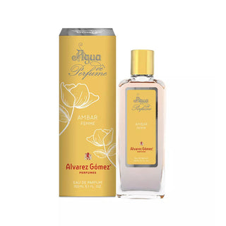 Frasco de perfume ‘Agua de Perfume AMBAR FEMME’ da Alvarez Gómez, com líquido rosa e tampa dourada, ao lado da sua caixa de embalagem roxa com detalhes do produto.