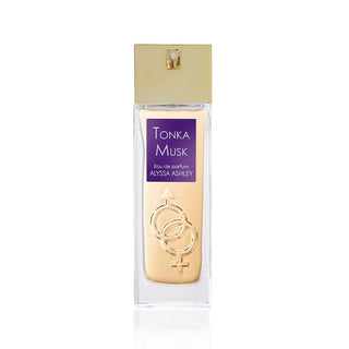 Garrafa de perfume ‘Tonka Musk’ de 150ml da Alyssa Ashley, com rótulo roxo e tampa dourada em fundo branco.
