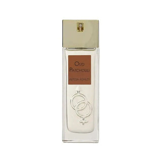 Garrafa de perfume transparente ‘Oud Patchouli’ de 50 ml da Alyssa Ashley, com rótulo marrom claro e tampa dourada em fundo branco.