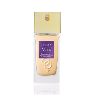 Garrafa de perfume ‘Tonka Musk’ de 30 ml da Alyssa Ashley, com rótulo roxo e tampa dourada em fundo branco.